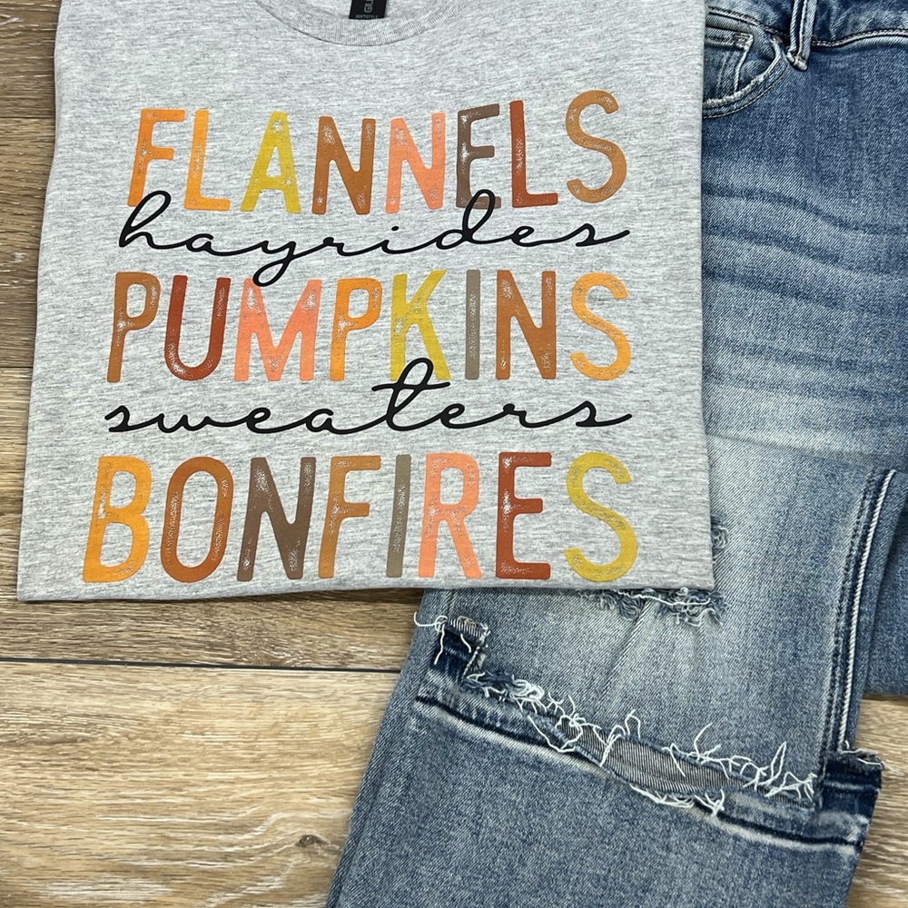 FLANNEL hayrides PUMKINS sweaters BONFIRES tshirt in sport grey color